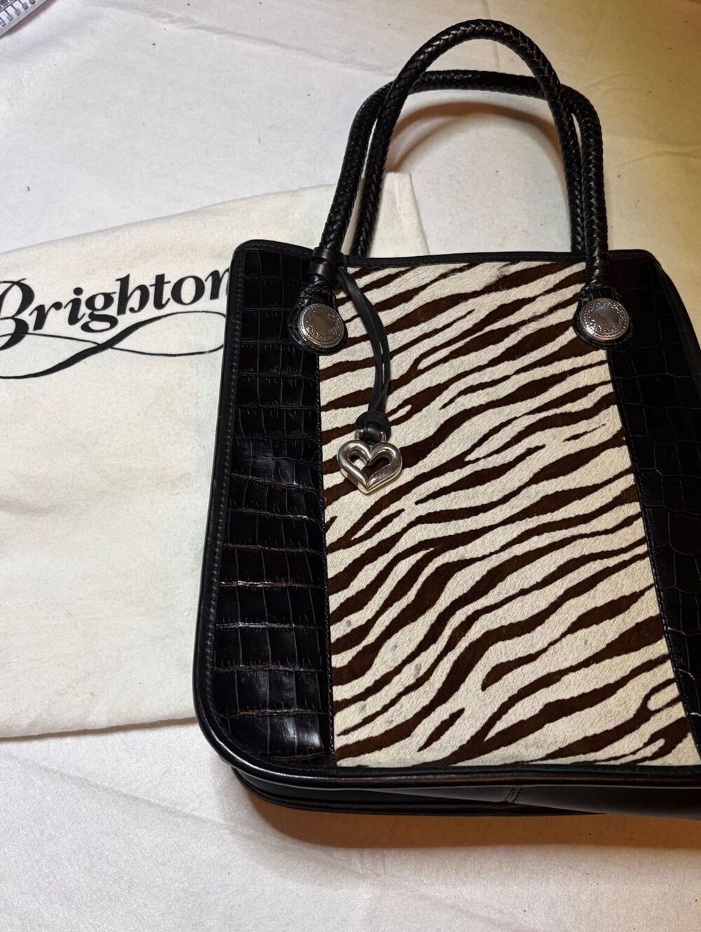 Brighton Zebra Haircalf Leather Tote Black Croc Embossed Heart Charm Y2K Vintage